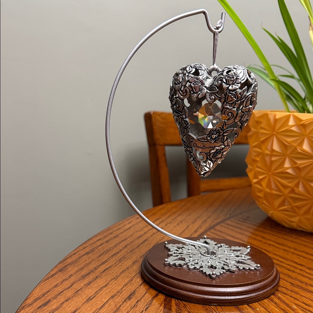 Our 1st Christmas First Xmas Silver Carved Pewter Heart Ornament wt Wooden Stand